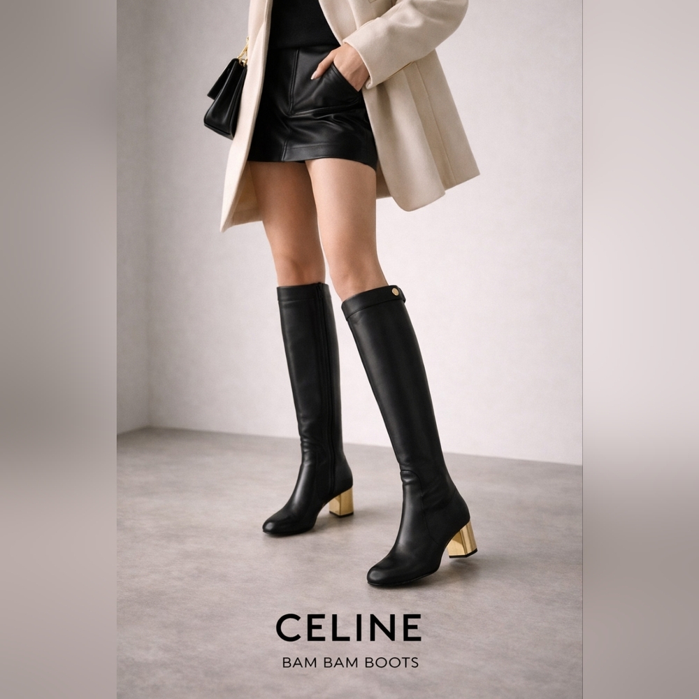Celine Bam Bam Calfskin Back Buckle Zipped Black Boot US10 EU41
